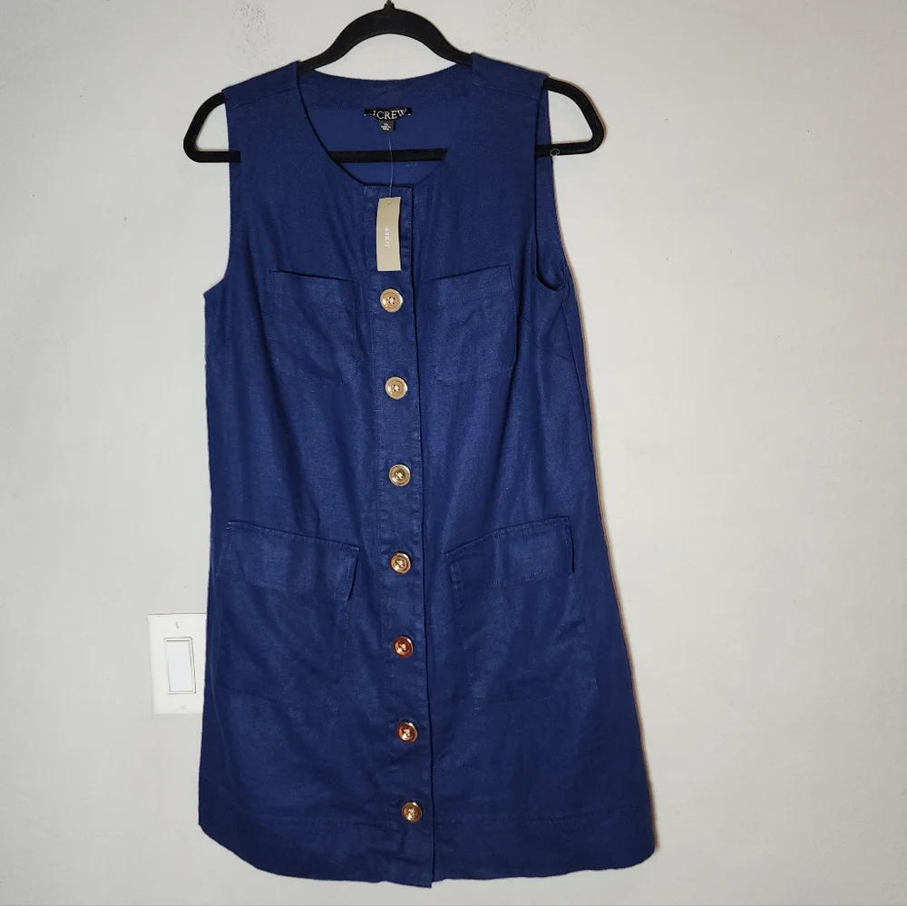 NWT J. Crew‎ 100% Linen Blue Sleeveless Button Shift Mini Dress Size XS - Picture 5 of 15
